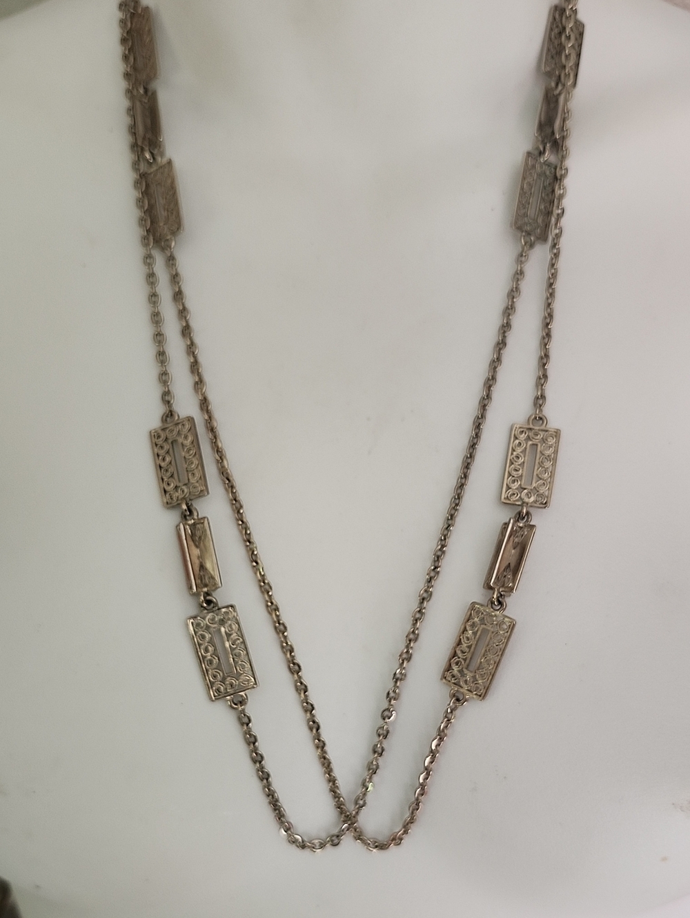 Silver-Tone Double Strand Filigree Rectangle Necklace